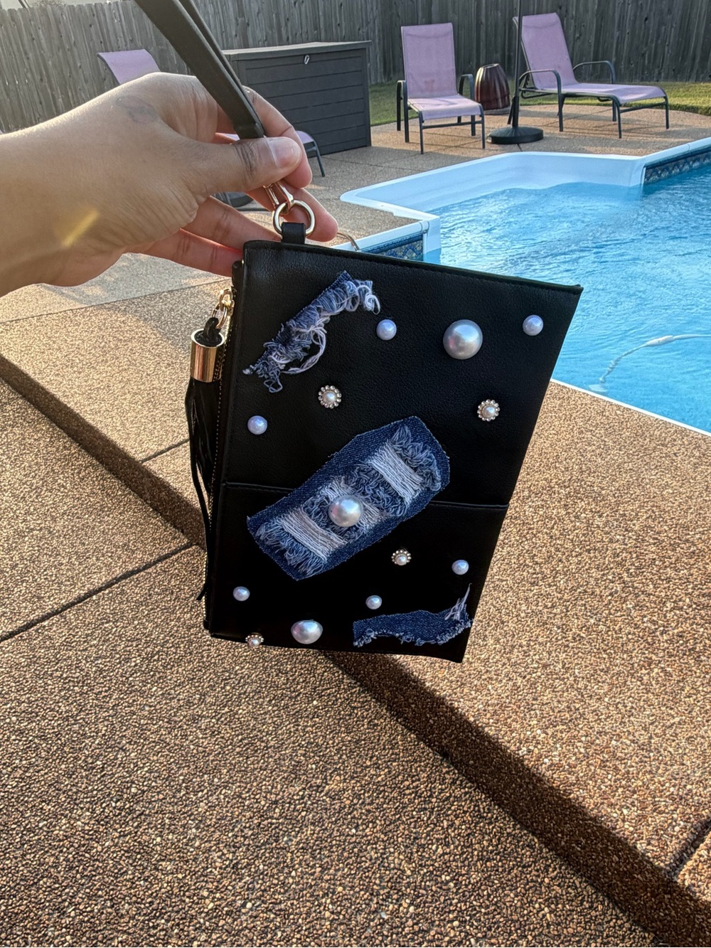 Black Pearl & Denim Patch Wristlet Clutch